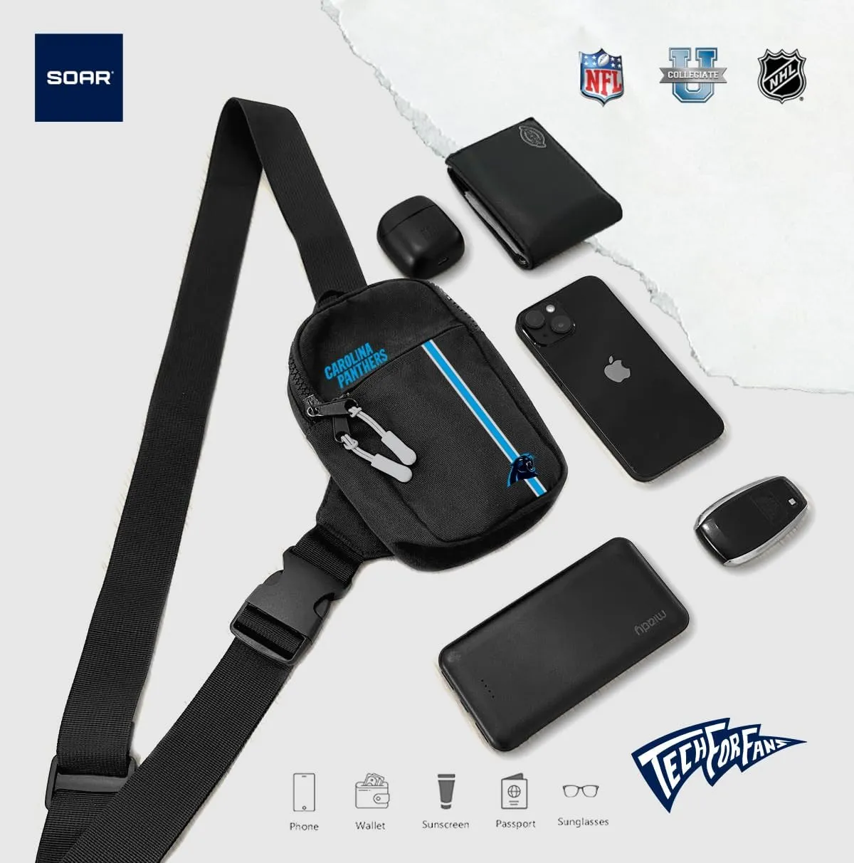 SOAR Unisex Crossbody Tech Adjustable Strap Travel Backpack Officially Licensed NFL, Mini Sling Bag