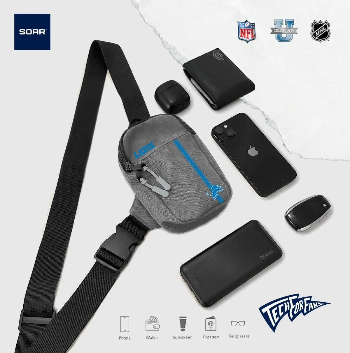 SOAR Unisex Crossbody Tech Adjustable Strap Travel Backpack Officially Licensed NFL, Mini Sling Bag