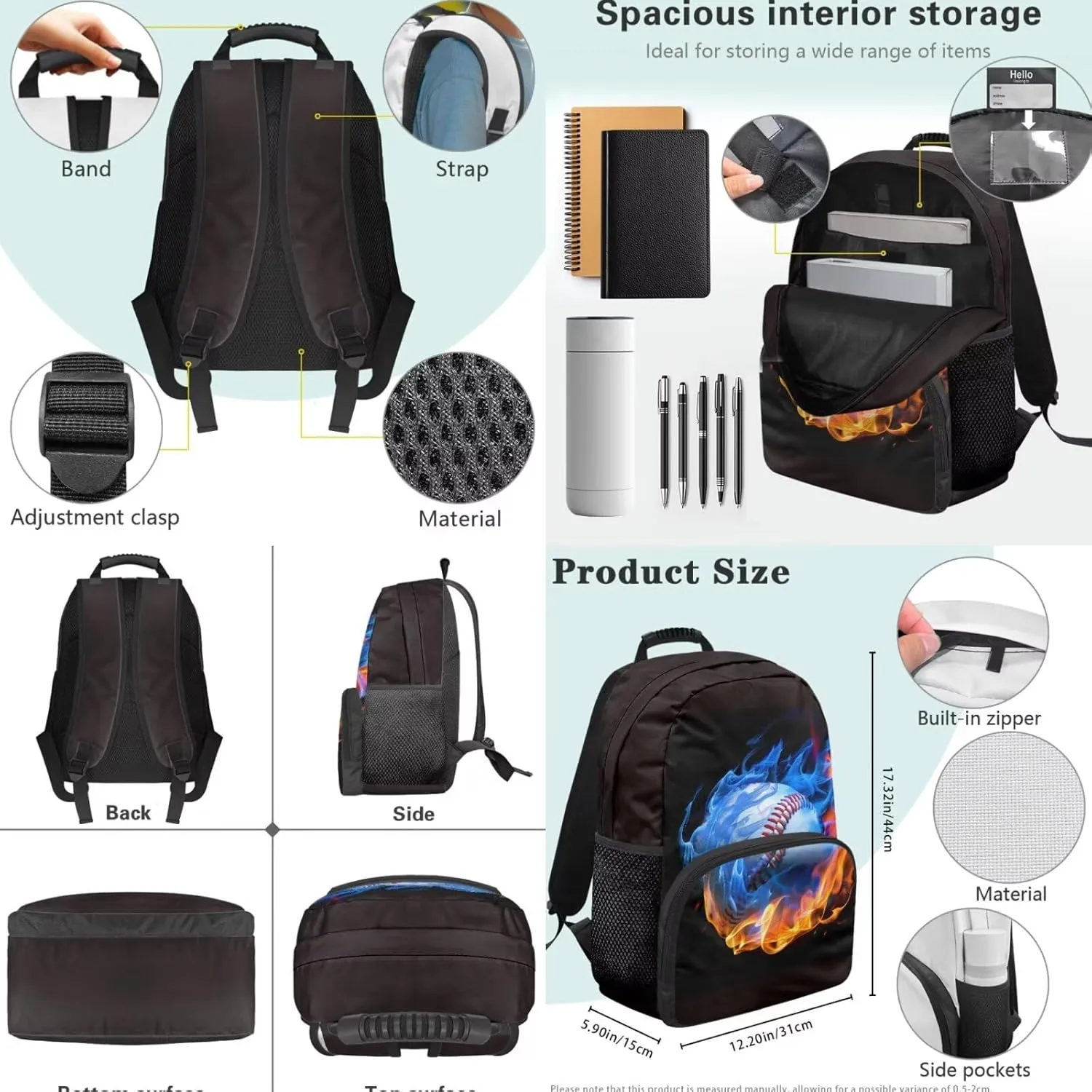 Softball Flame Backpack School Bag for Boys Kids 4 PCS Bookbag Satchel Rucksack with Insulated Lunch Bag Pencil Case and Water Bottle Holder Bag