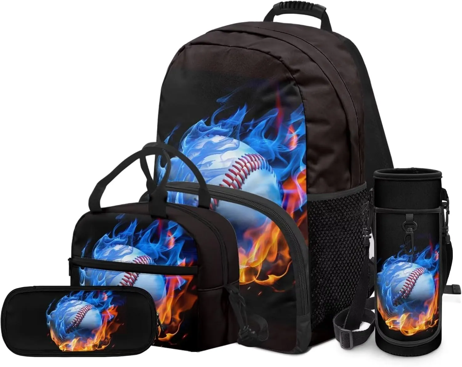 Softball Flame Backpack School Bag for Boys Kids 4 PCS Bookbag Satchel Rucksack with Insulated Lunch Bag Pencil Case and Water Bottle Holder Bag