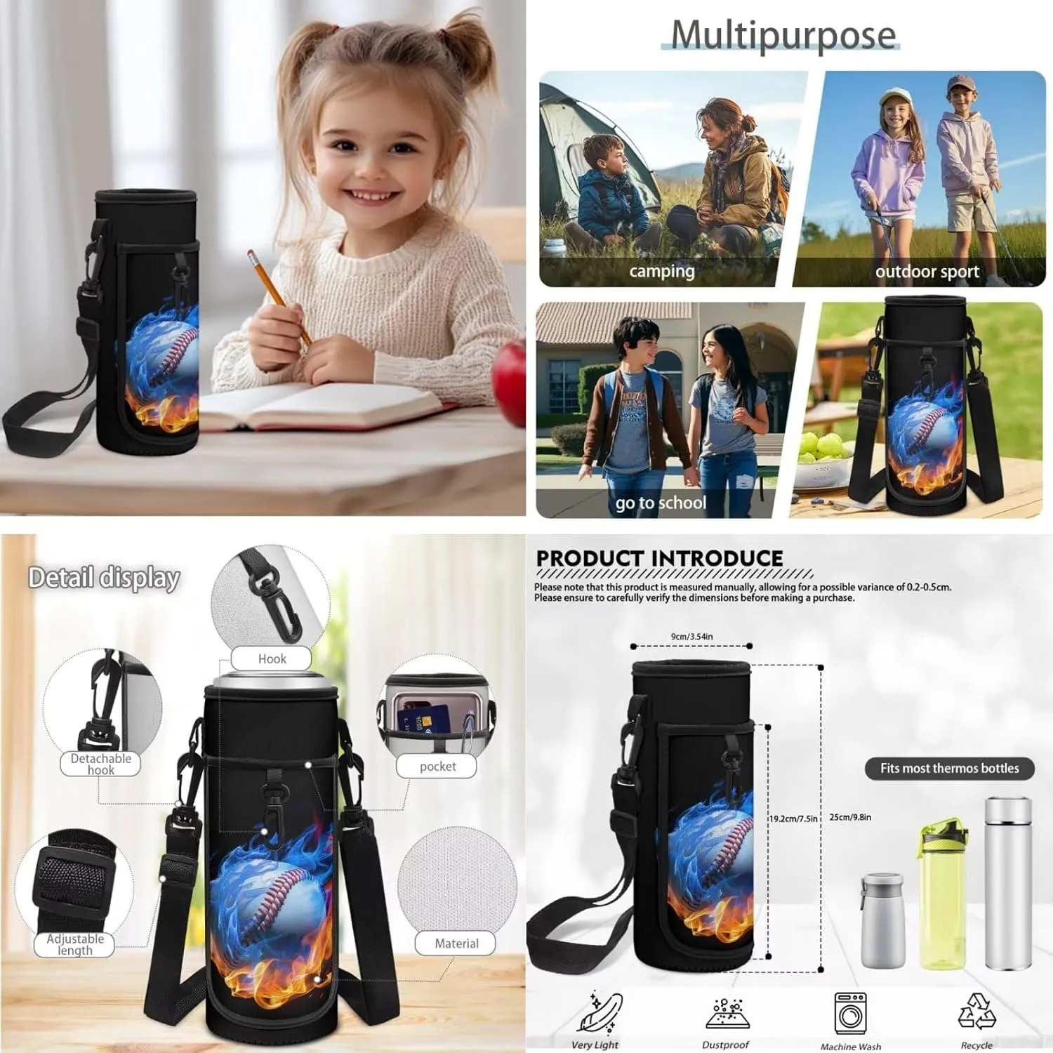 Softball Flame Backpack School Bag for Boys Kids 4 PCS Bookbag Satchel Rucksack with Insulated Lunch Bag Pencil Case and Water Bottle Holder Bag