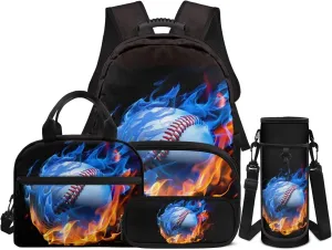 Softball Flame Backpack School Bag for Boys Kids 4 PCS Bookbag Satchel Rucksack with Insulated Lunch Bag Pencil Case and Water Bottle Holder Bag