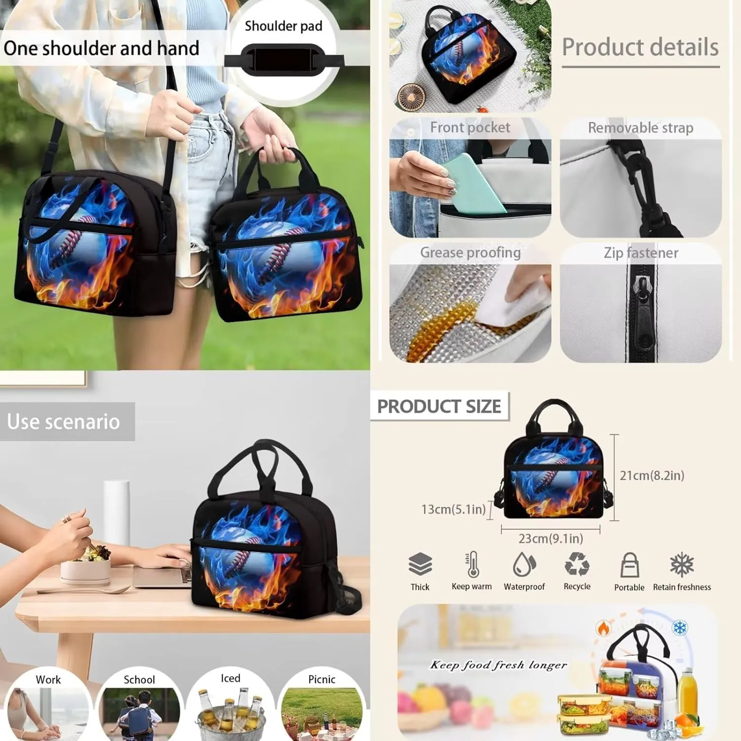 Softball Flame Backpack School Bag for Boys Kids 4 PCS Bookbag Satchel Rucksack with Insulated Lunch Bag Pencil Case and Water Bottle Holder Bag