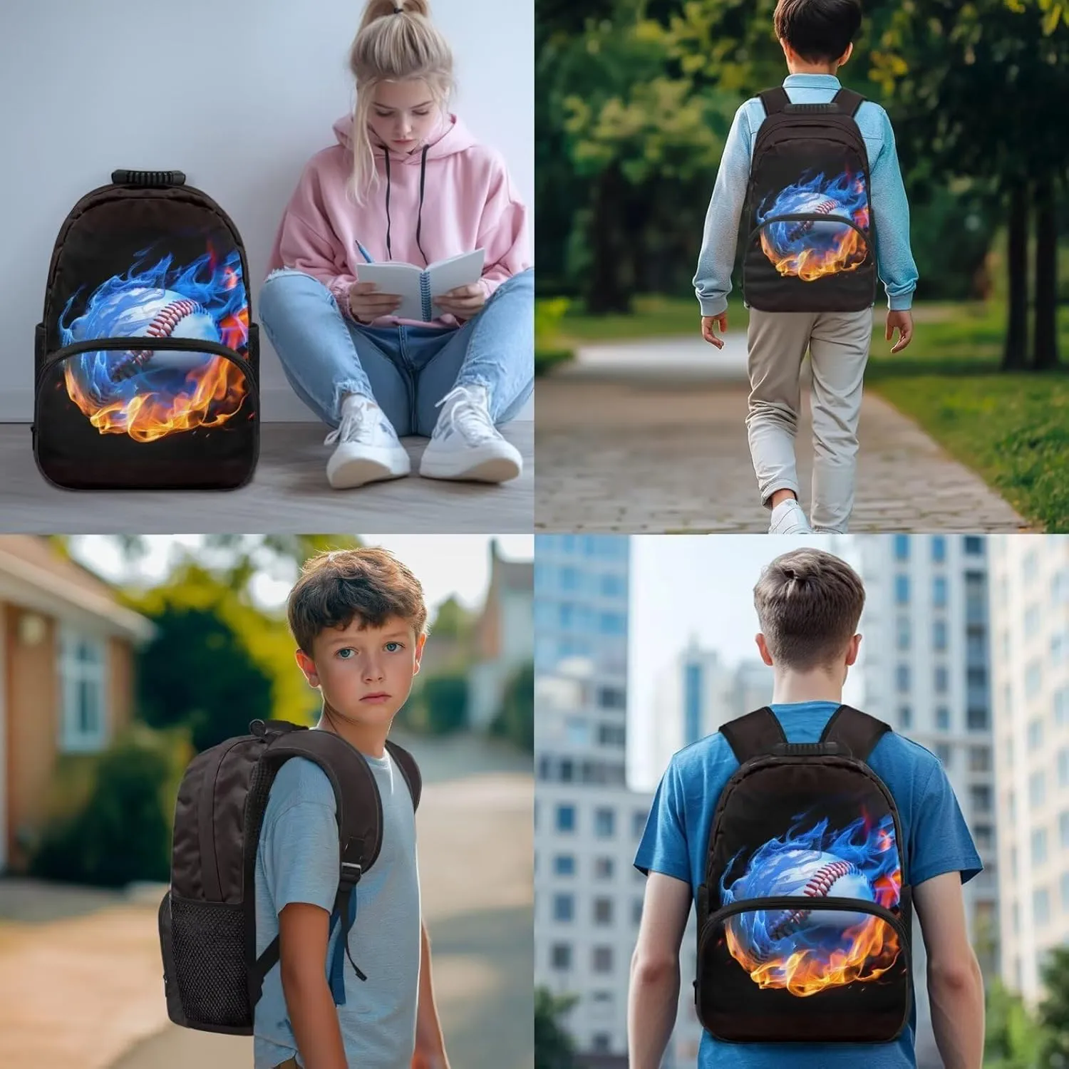 Softball Flame Backpack School Bag for Boys Kids 4 PCS Bookbag Satchel Rucksack with Insulated Lunch Bag Pencil Case and Water Bottle Holder Bag