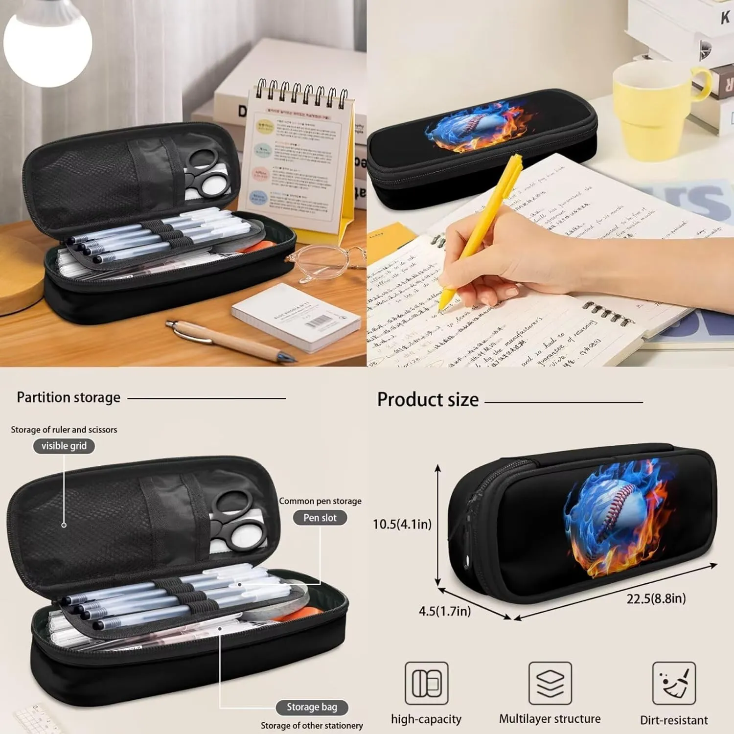 Softball Flame Backpack School Bag for Boys Kids 4 PCS Bookbag Satchel Rucksack with Insulated Lunch Bag Pencil Case and Water Bottle Holder Bag