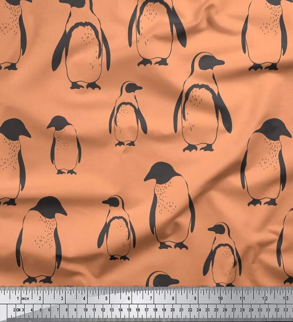 Soimoi Cotton Canvas Orange Fabric - by The Yard - 56 Inch Wide - Stencil Penguin Ocean Cloth - Playful Stenciled Penguins in Oceanic Patterns for Fashion Printed Fabric