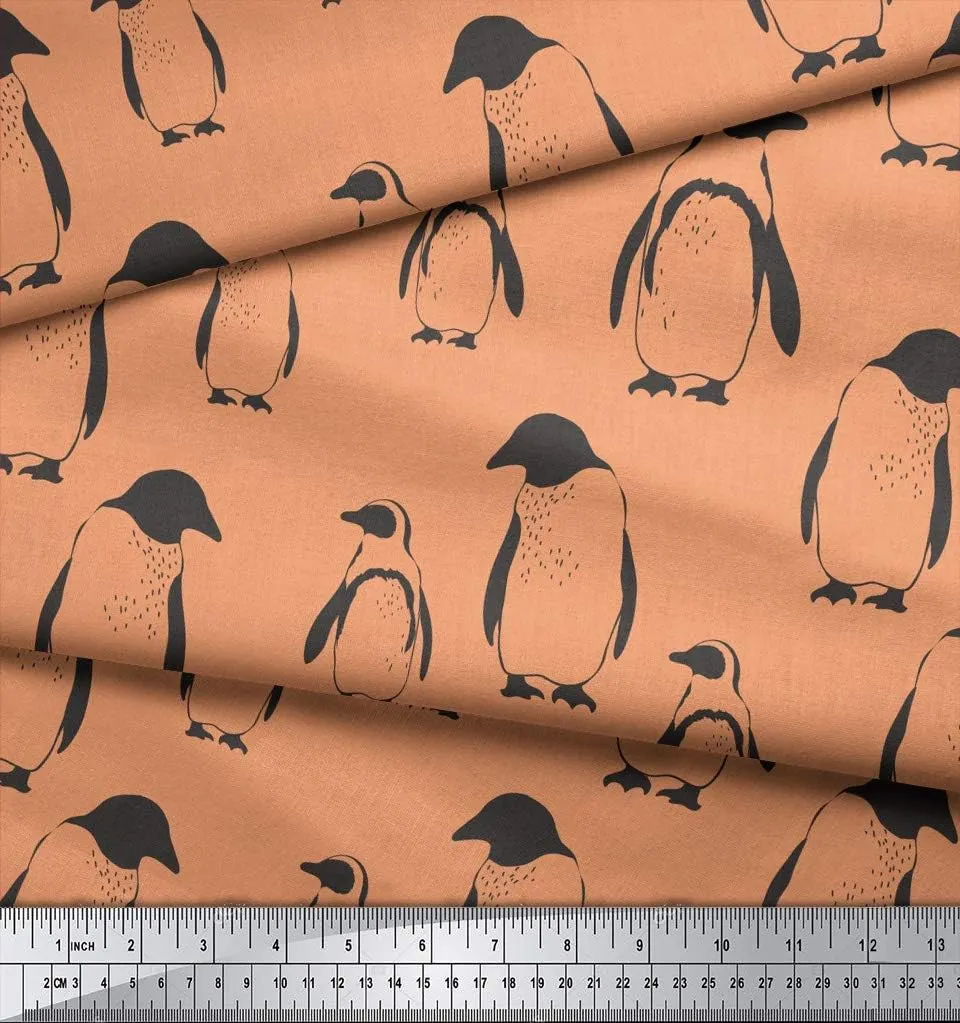 Soimoi Cotton Canvas Orange Fabric - by The Yard - 56 Inch Wide - Stencil Penguin Ocean Cloth - Playful Stenciled Penguins in Oceanic Patterns for Fashion Printed Fabric