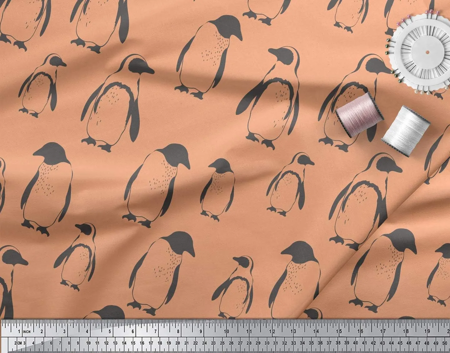 Soimoi Cotton Canvas Orange Fabric - by The Yard - 56 Inch Wide - Stencil Penguin Ocean Cloth - Playful Stenciled Penguins in Oceanic Patterns for Fashion Printed Fabric