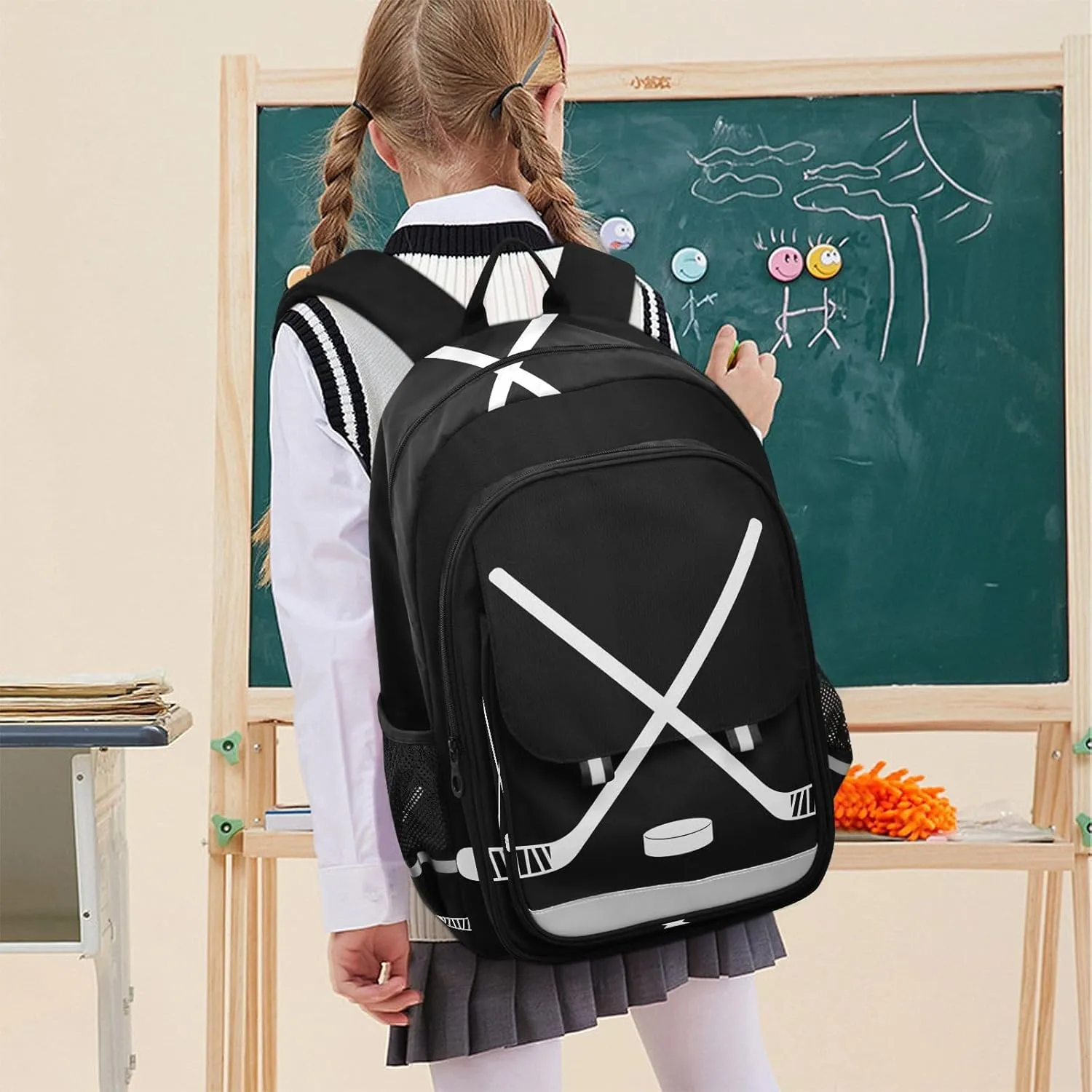 Sport Hockey Stick School Backpack Laptop Travel Daypack for Kids Girls Boys, Personalized Computer Notebooks Bookbag with Adjustable Padded Straps