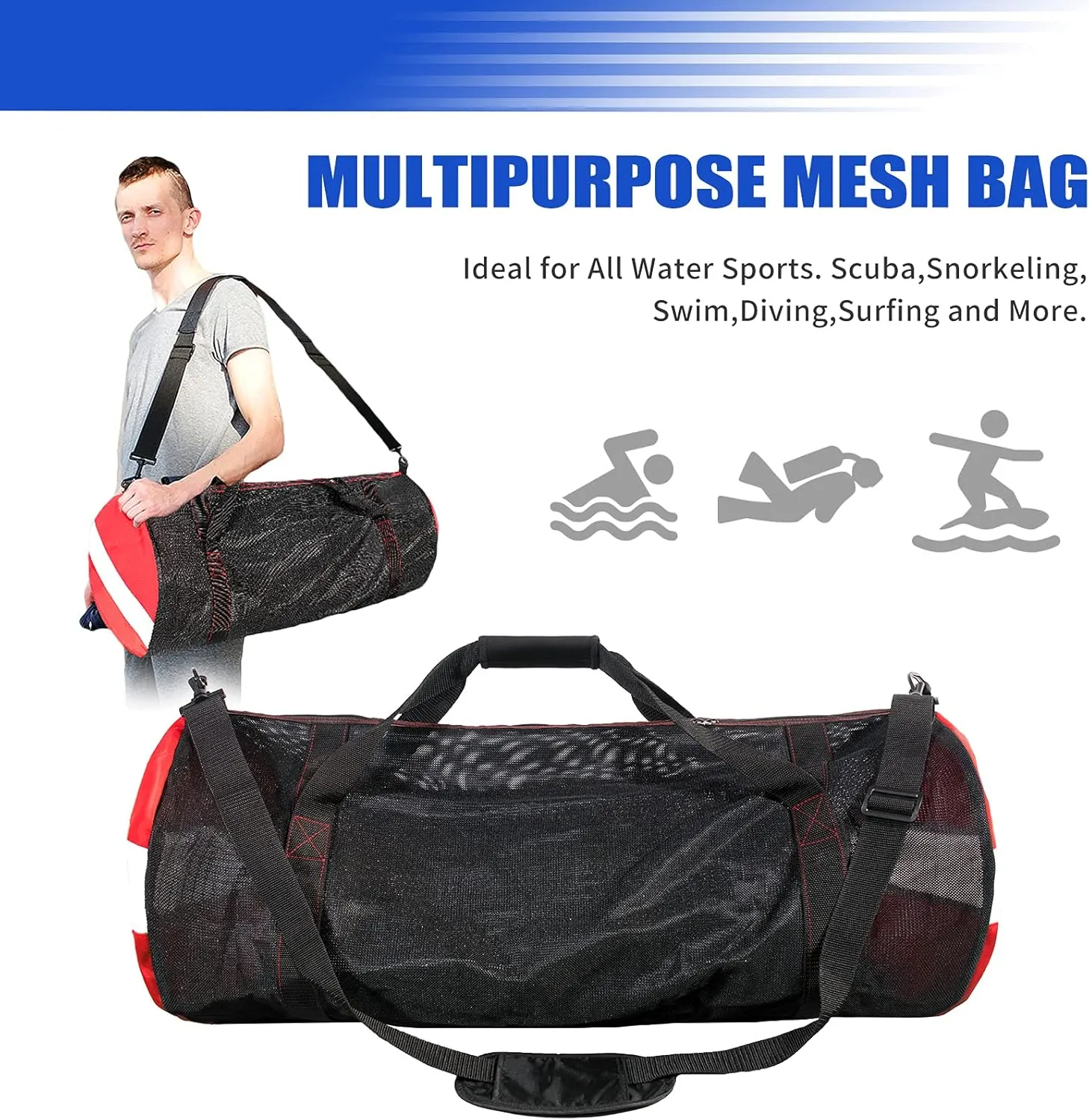 Sports Duffle Bag, Large Mesh Dive Beach Bags and Totes with Shoulder Strap for Scuba Diving and Snorkeling Gear & Equipment, Wet Swimming, Travel, and Gym Workout