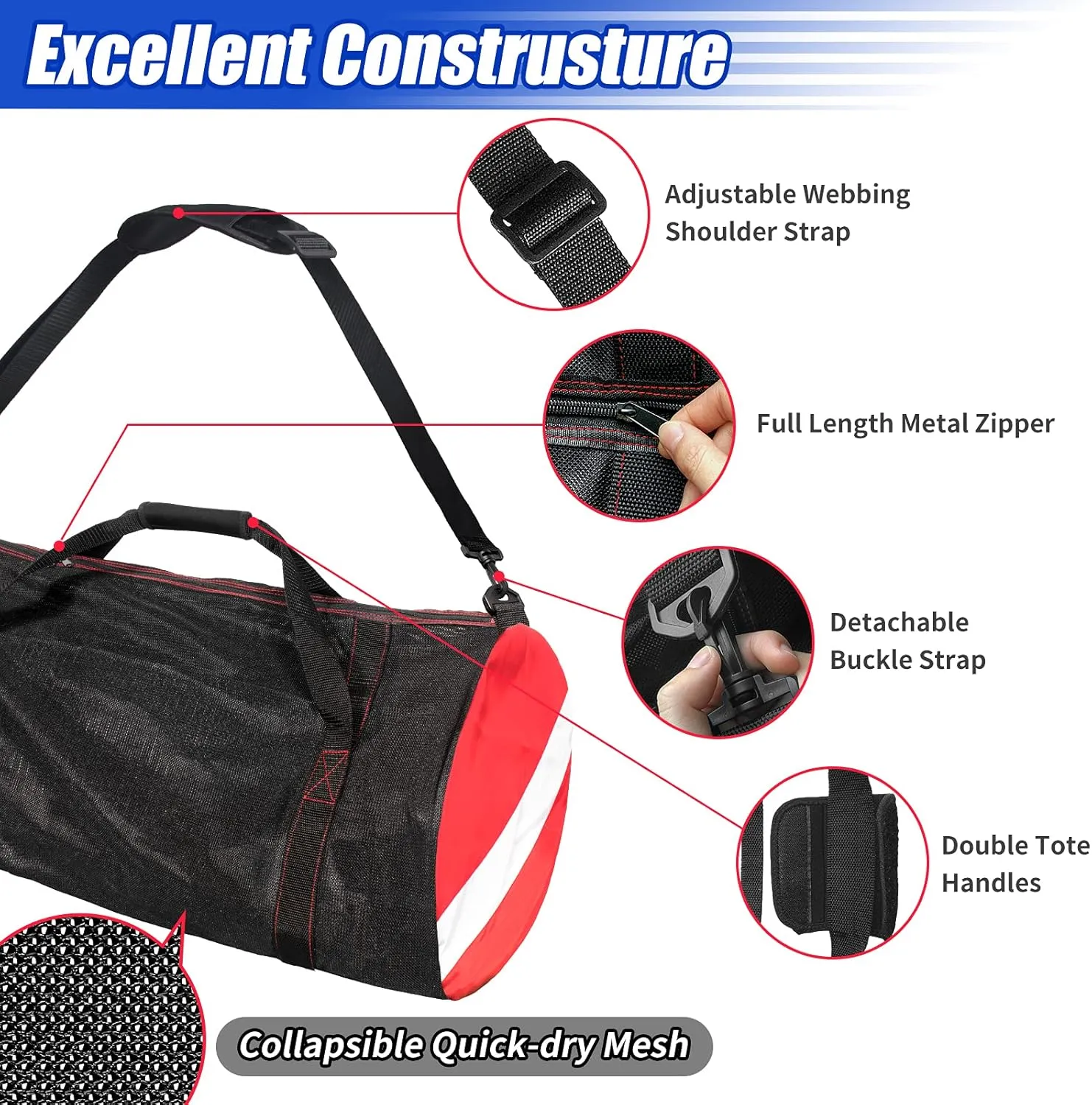 Sports Duffle Bag, Large Mesh Dive Beach Bags and Totes with Shoulder Strap for Scuba Diving and Snorkeling Gear & Equipment, Wet Swimming, Travel, and Gym Workout