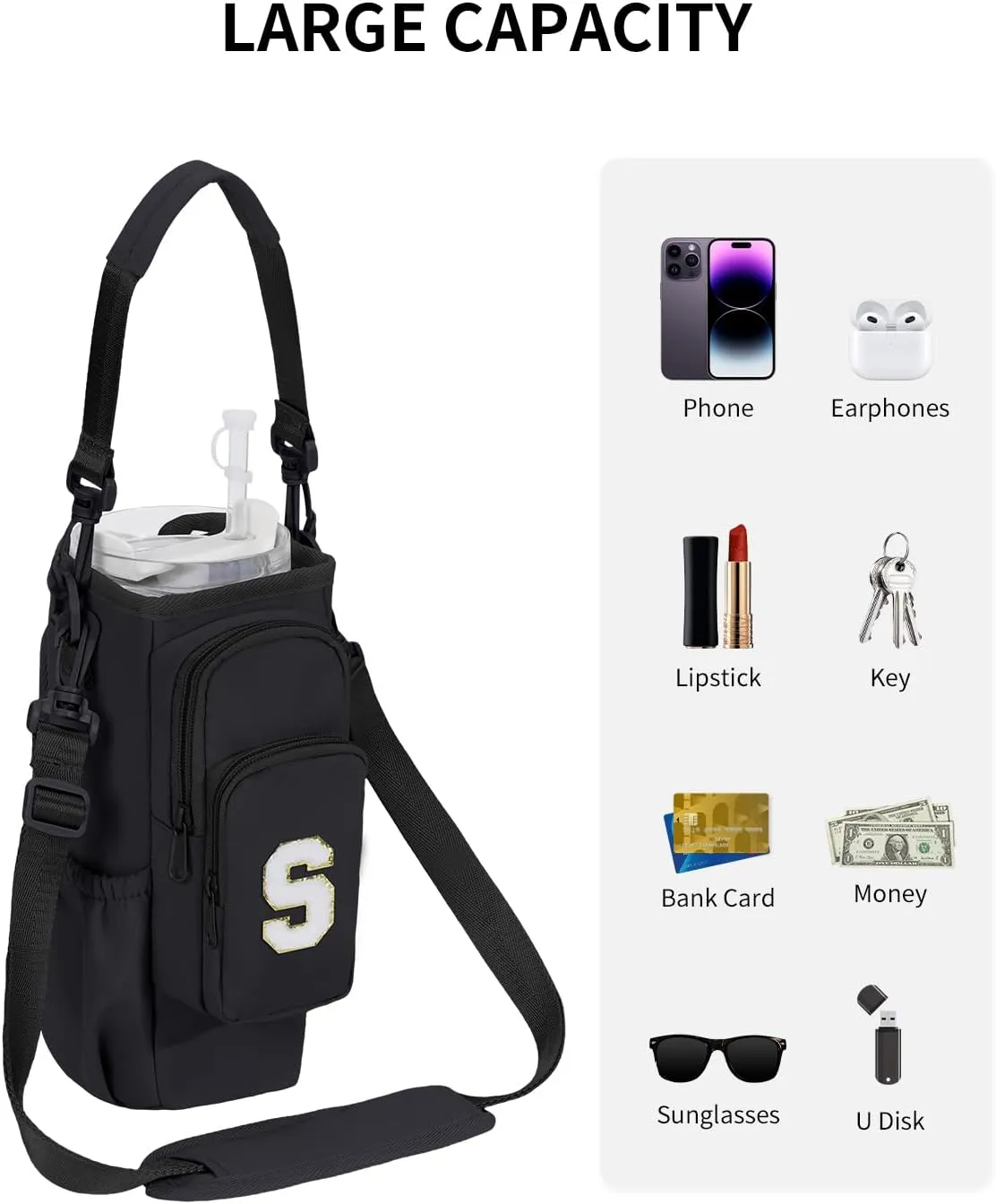 sportsnew Birthday Gifts for Women Initial Water Bottle Holder for Stanley Brumate era 40oz Tumbler with Strap Water Bottle Carrier Bag with Phone Pocket & Straw Toppers Stanley Cup Accessories
