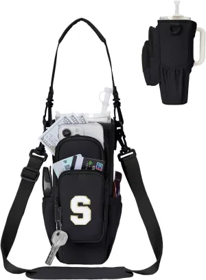 sportsnew Birthday Gifts for Women Initial Water Bottle Holder for Stanley Brumate era 40oz Tumbler with Strap Water Bottle Carrier Bag with Phone Pocket & Straw Toppers Stanley Cup Accessories