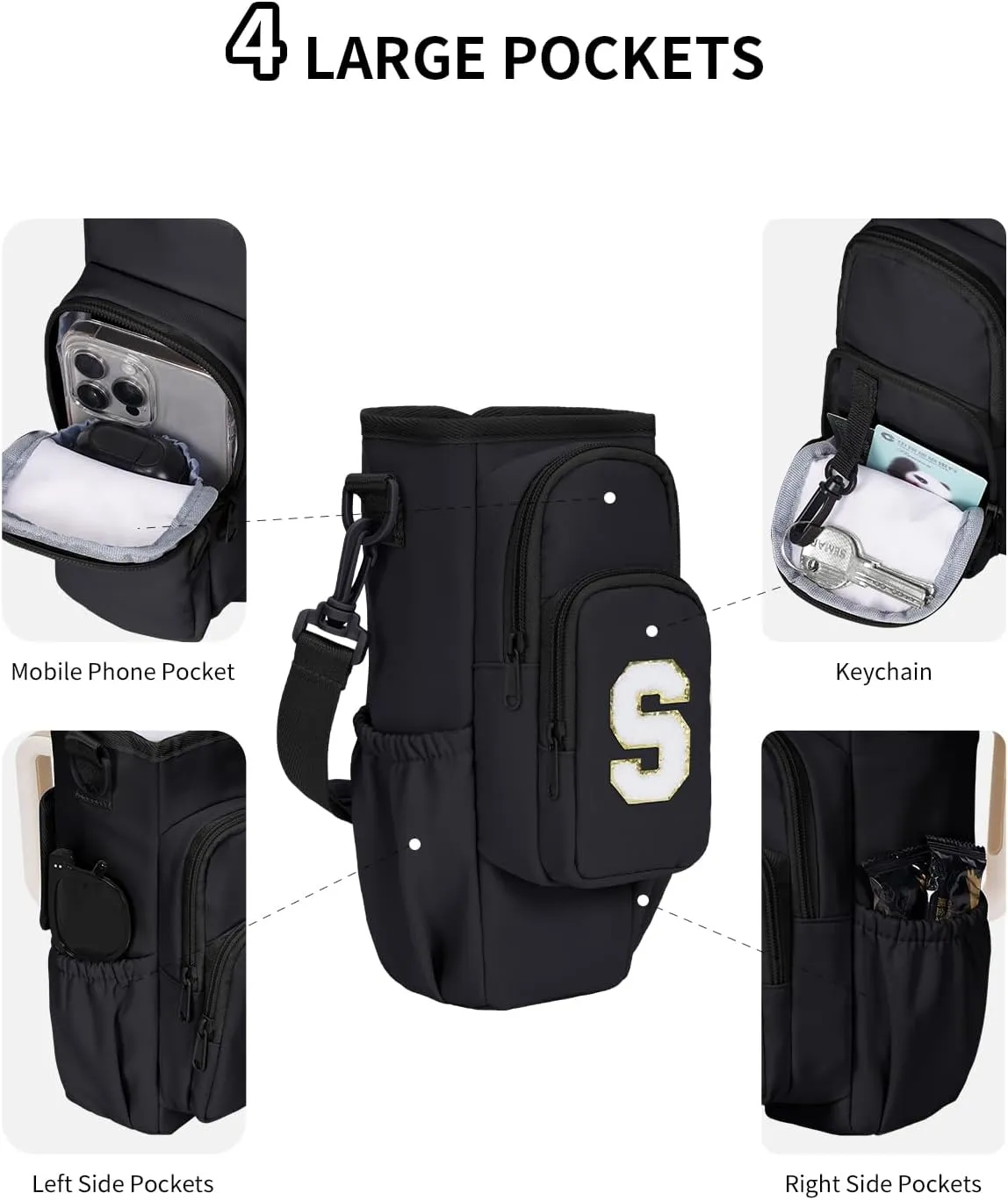 sportsnew Birthday Gifts for Women Initial Water Bottle Holder for Stanley Brumate era 40oz Tumbler with Strap Water Bottle Carrier Bag with Phone Pocket & Straw Toppers Stanley Cup Accessories