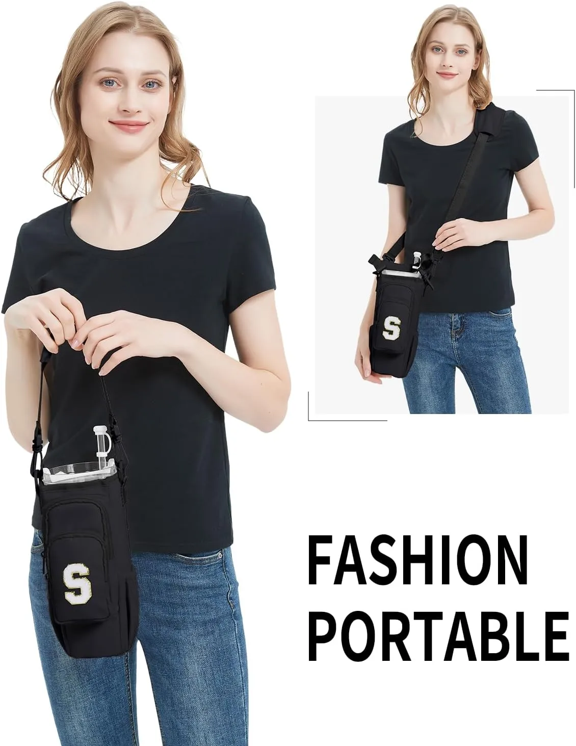 sportsnew Birthday Gifts for Women Initial Water Bottle Holder for Stanley Brumate era 40oz Tumbler with Strap Water Bottle Carrier Bag with Phone Pocket & Straw Toppers Stanley Cup Accessories