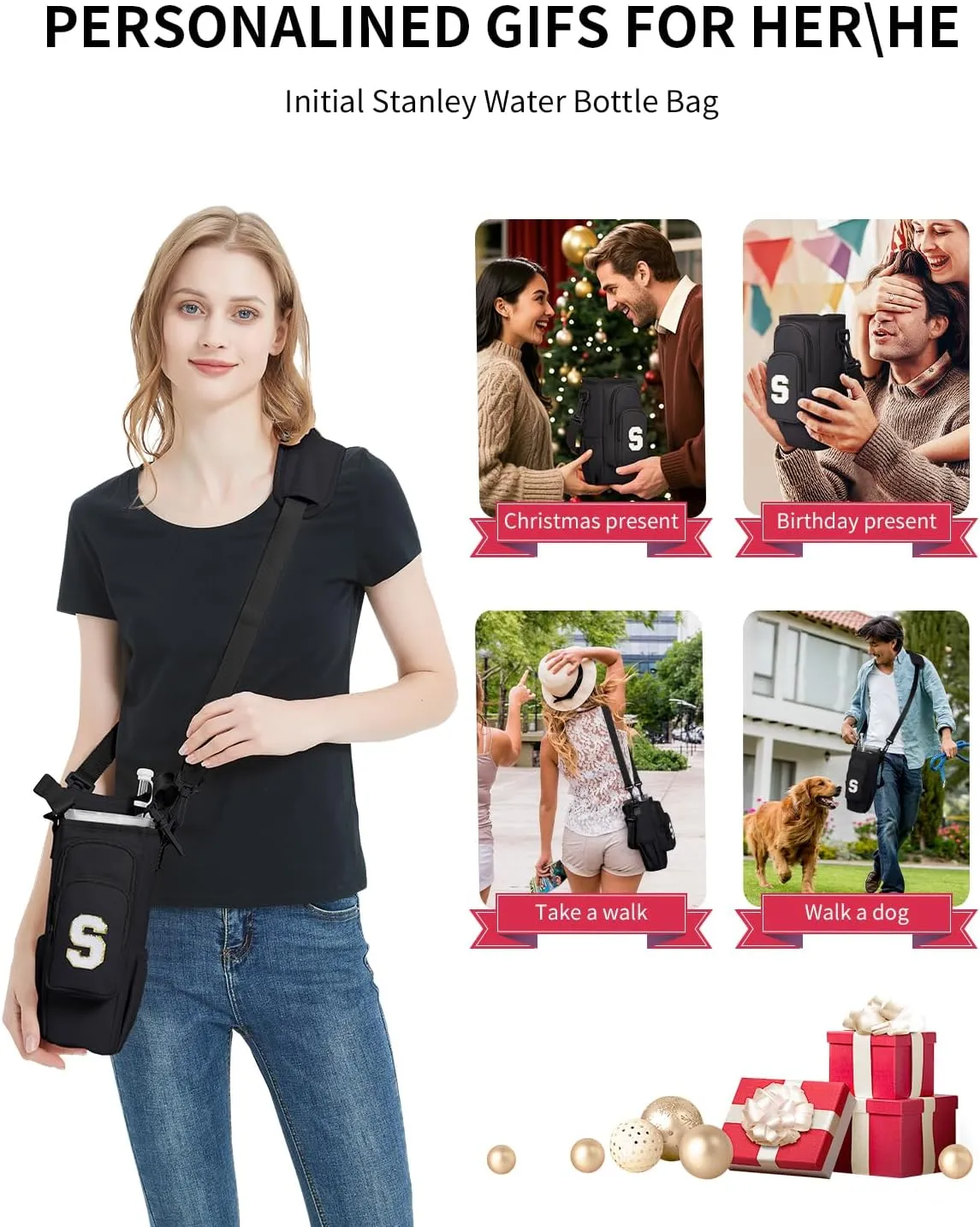 sportsnew Birthday Gifts for Women Initial Water Bottle Holder for Stanley Brumate era 40oz Tumbler with Strap Water Bottle Carrier Bag with Phone Pocket & Straw Toppers Stanley Cup Accessories