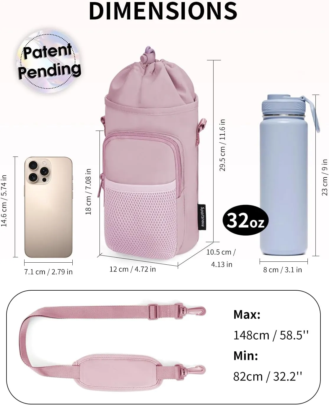 sportsnew Water Bottle Holder with Strap, 32 OZ Water Bottle Carrier Sling Bag with Adjustable Shoulder Strap Insulated Water-Resistant Water Bottle Bag for Walking Hiking, Patent Pending