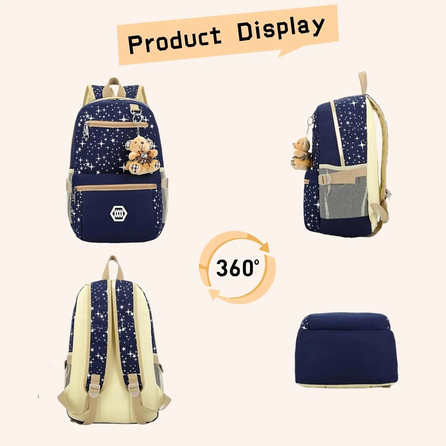 Star Print Backpacks Set for Girls School Elementary, Primary Kids Girls Backpacks School Bags, 3 Pieces, with Crossbody Bag