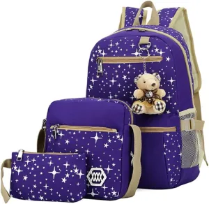 Star Print Backpacks Set for Girls School Elementary, Primary Kids Girls Backpacks School Bags, 3 Pieces, with Crossbody Bag