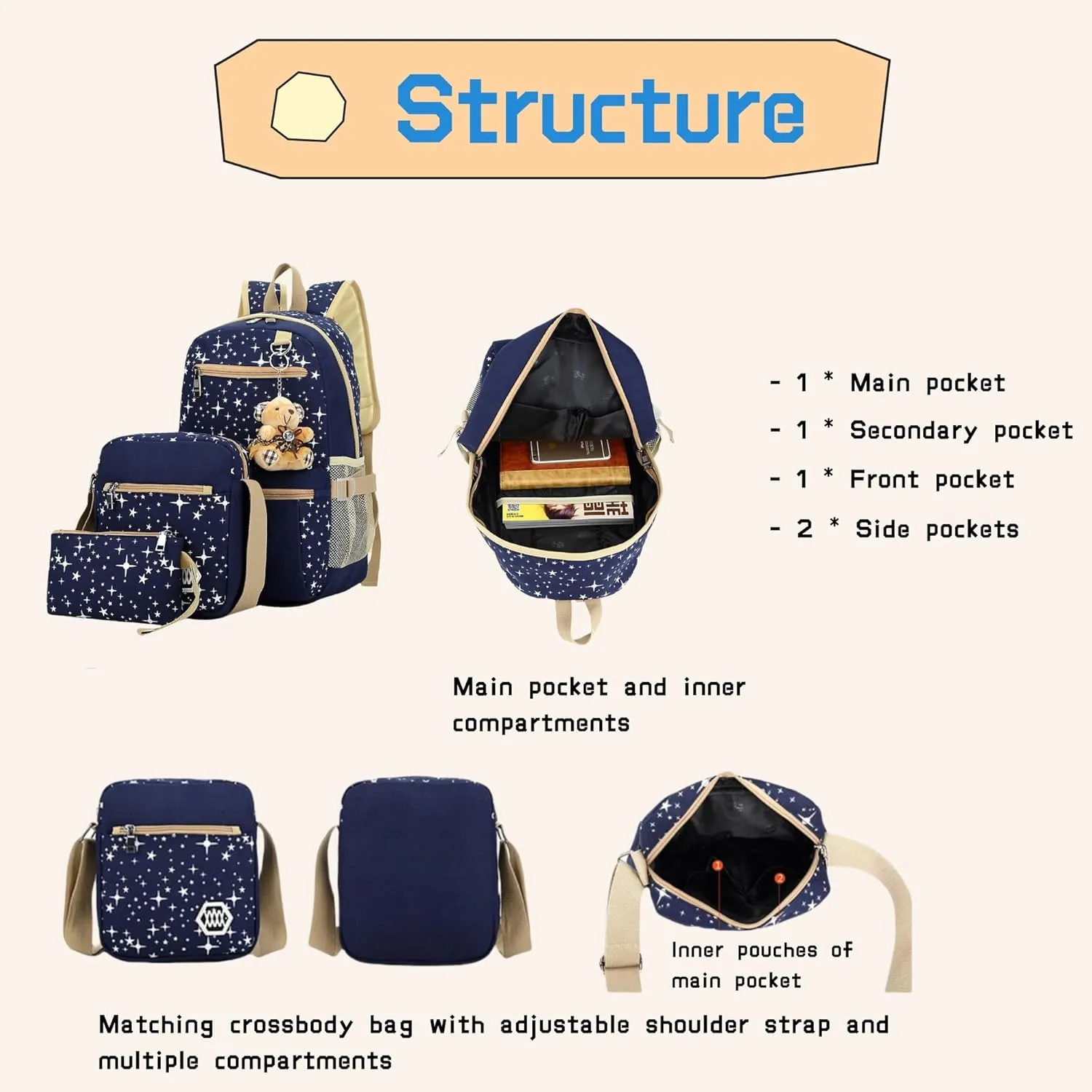 Star Print Backpacks Set for Girls School Elementary, Primary Kids Girls Backpacks School Bags, 3 Pieces, with Crossbody Bag