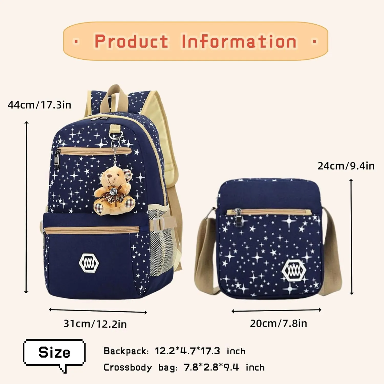 Star Print Backpacks Set for Girls School Elementary, Primary Kids Girls Backpacks School Bags, 3 Pieces, with Crossbody Bag