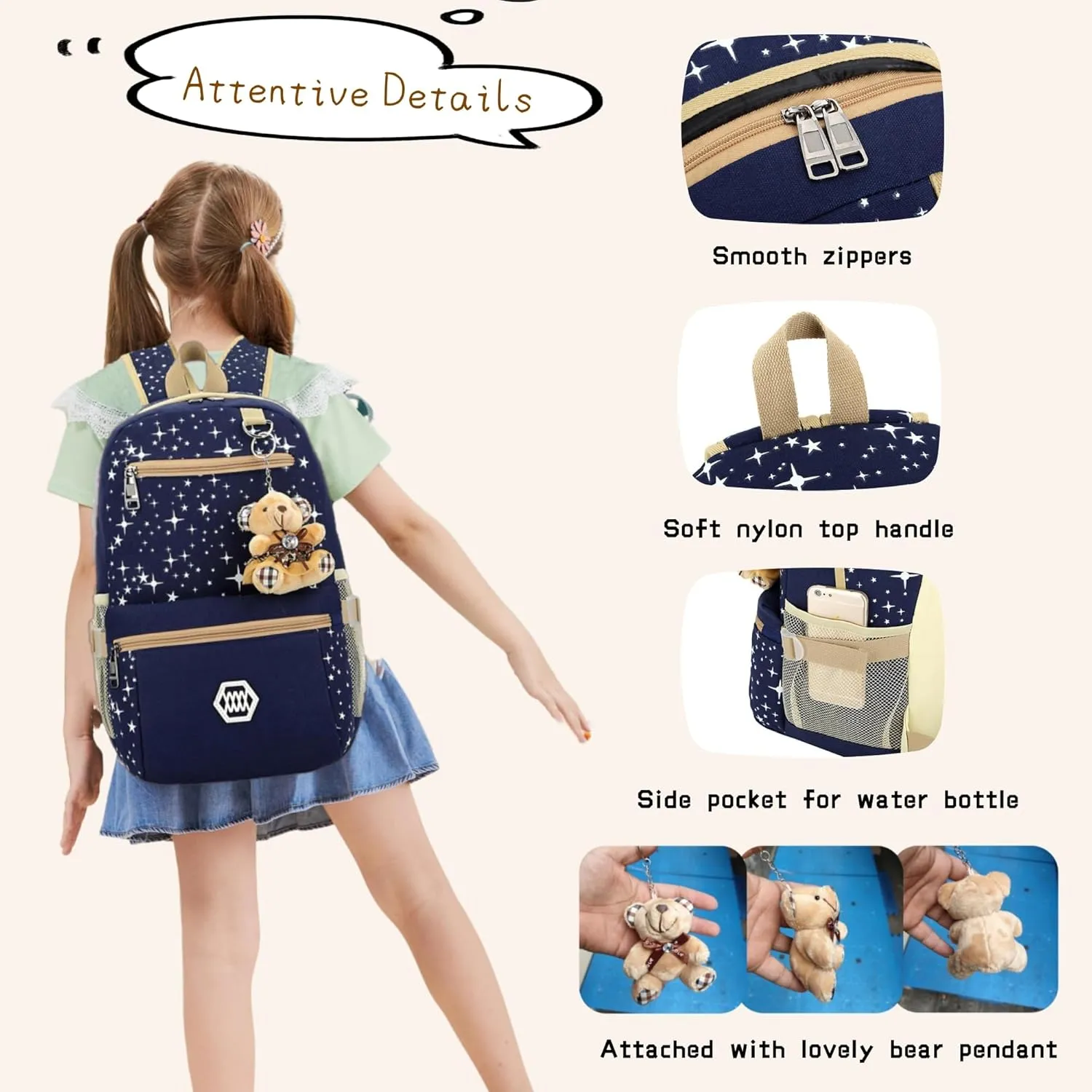 Star Print Backpacks Set for Girls School Elementary, Primary Kids Girls Backpacks School Bags, 3 Pieces, with Crossbody Bag
