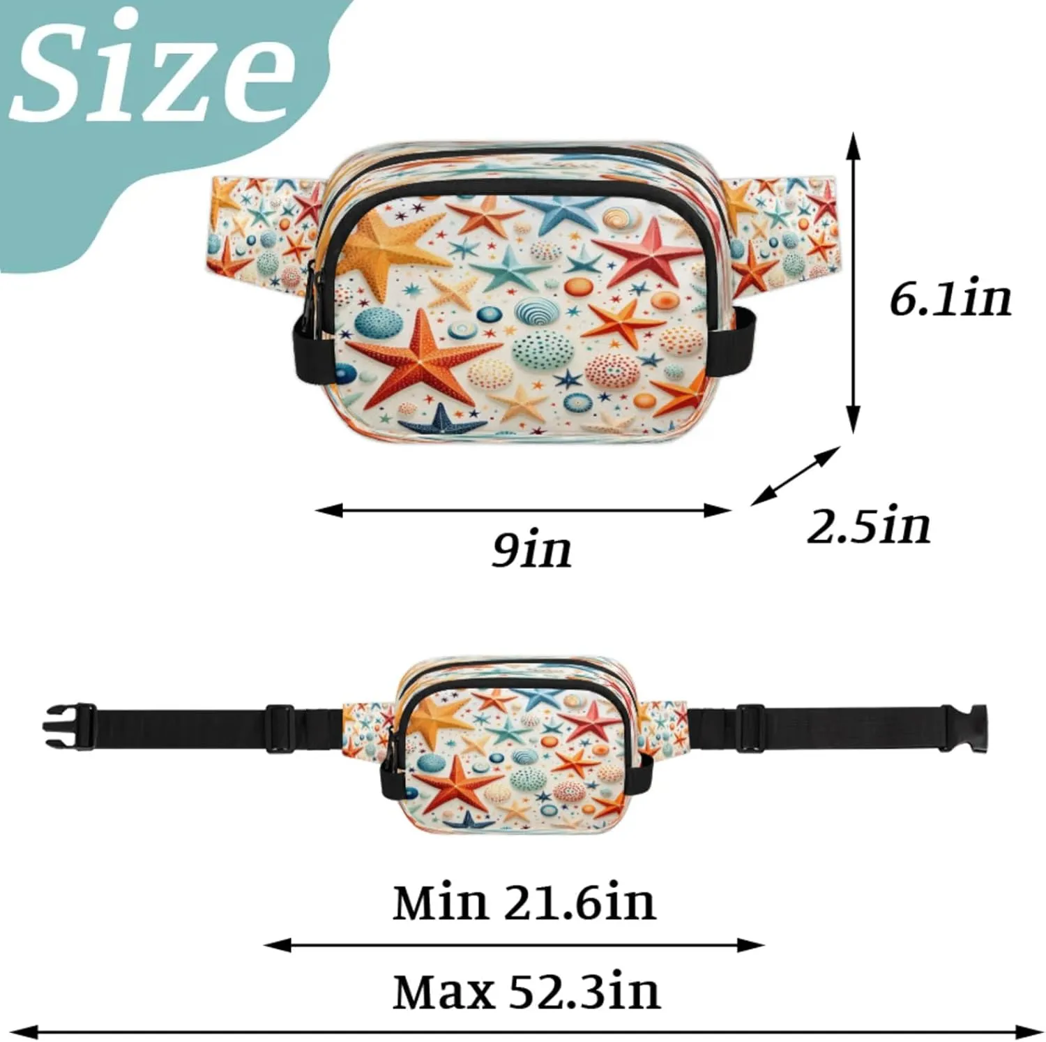 Starfish Shells Pattern Waterproof Unisex Square Fanny Pack, Adjustable Waist Bag with Pockets, Sturdy Lightweight Crossbody Bag for Travel, Running, Hiking (9x6.1x2.5 Inches)