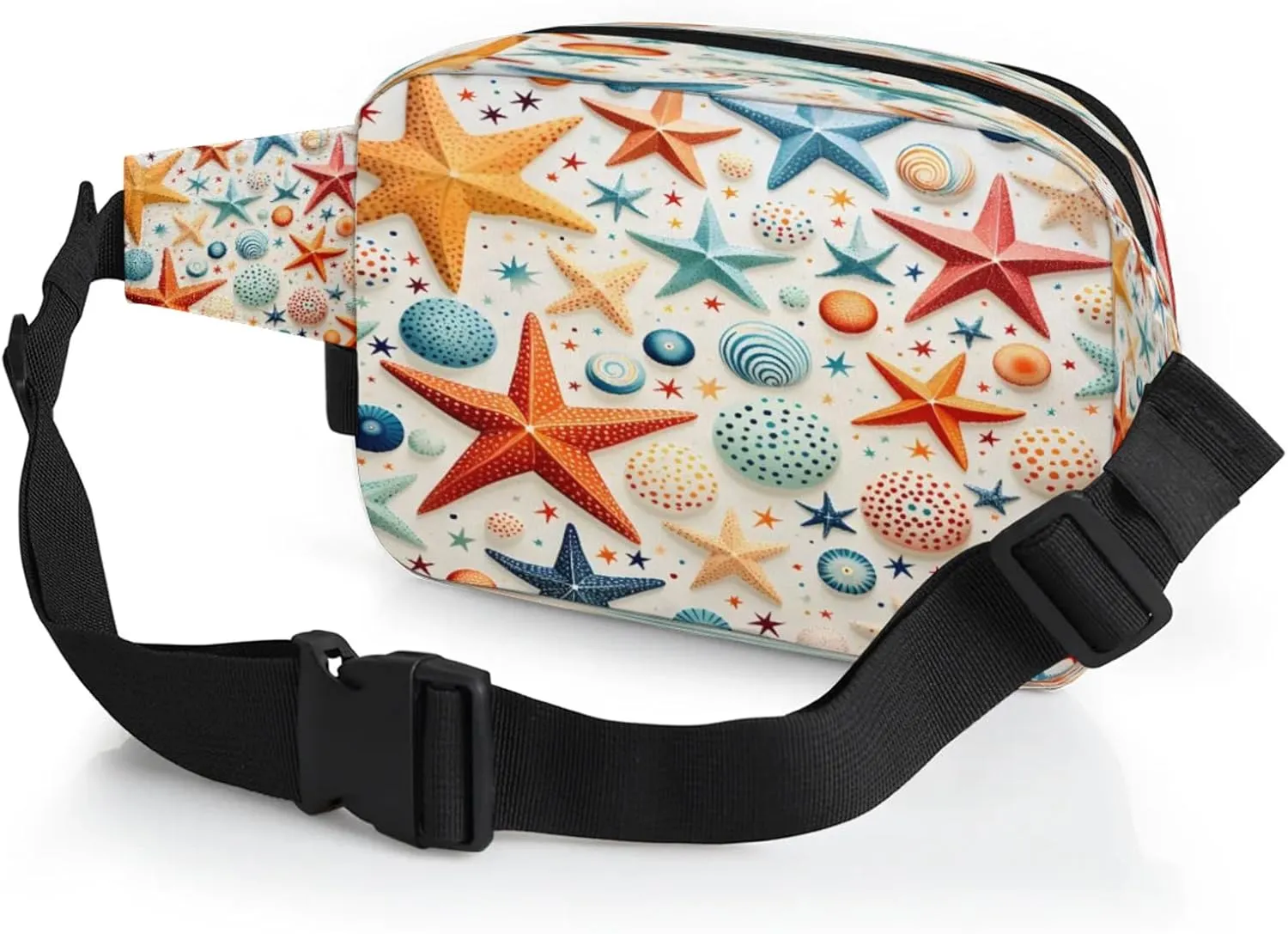 Starfish Shells Pattern Waterproof Unisex Square Fanny Pack, Adjustable Waist Bag with Pockets, Sturdy Lightweight Crossbody Bag for Travel, Running, Hiking (9x6.1x2.5 Inches)