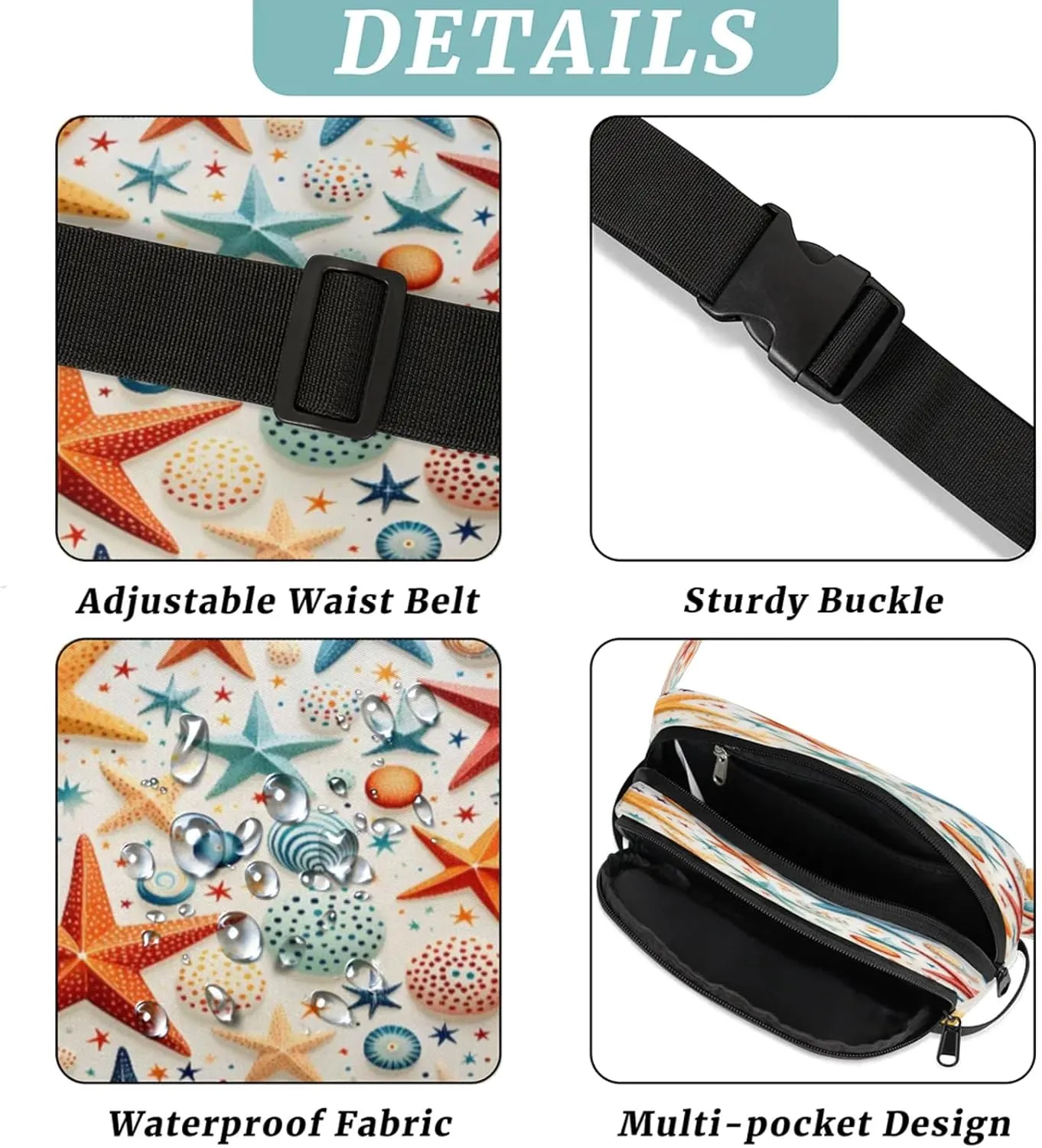 Starfish Shells Pattern Waterproof Unisex Square Fanny Pack, Adjustable Waist Bag with Pockets, Sturdy Lightweight Crossbody Bag for Travel, Running, Hiking (9x6.1x2.5 Inches)