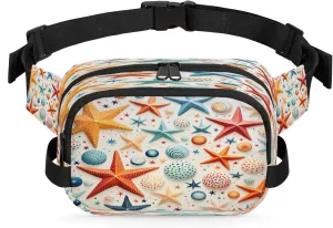 Starfish Shells Pattern Waterproof Unisex Square Fanny Pack, Adjustable Waist Bag with Pockets, Sturdy Lightweight Crossbody Bag for Travel, Running, Hiking (9x6.1x2.5 Inches)