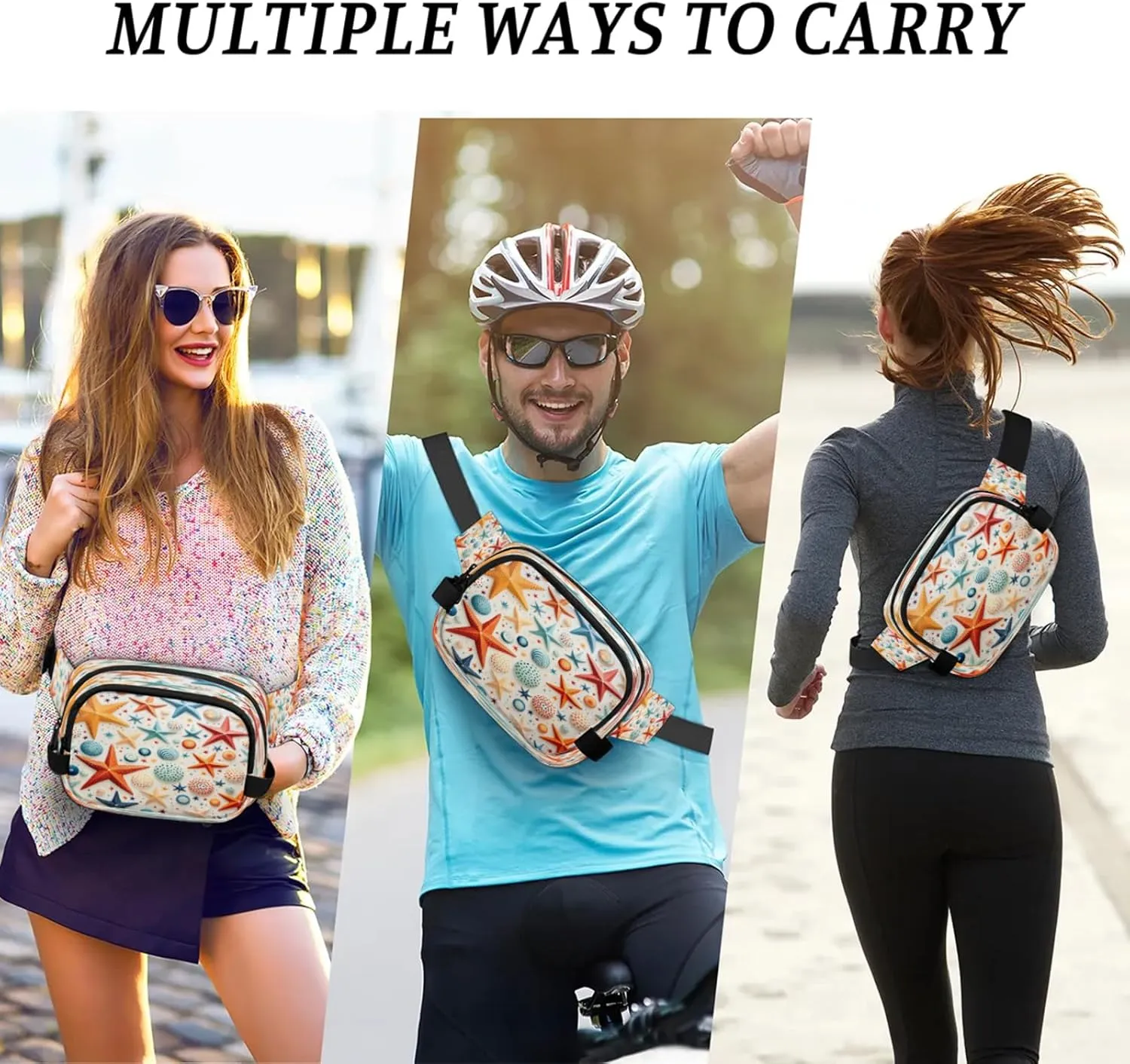 Starfish Shells Pattern Waterproof Unisex Square Fanny Pack, Adjustable Waist Bag with Pockets, Sturdy Lightweight Crossbody Bag for Travel, Running, Hiking (9x6.1x2.5 Inches)