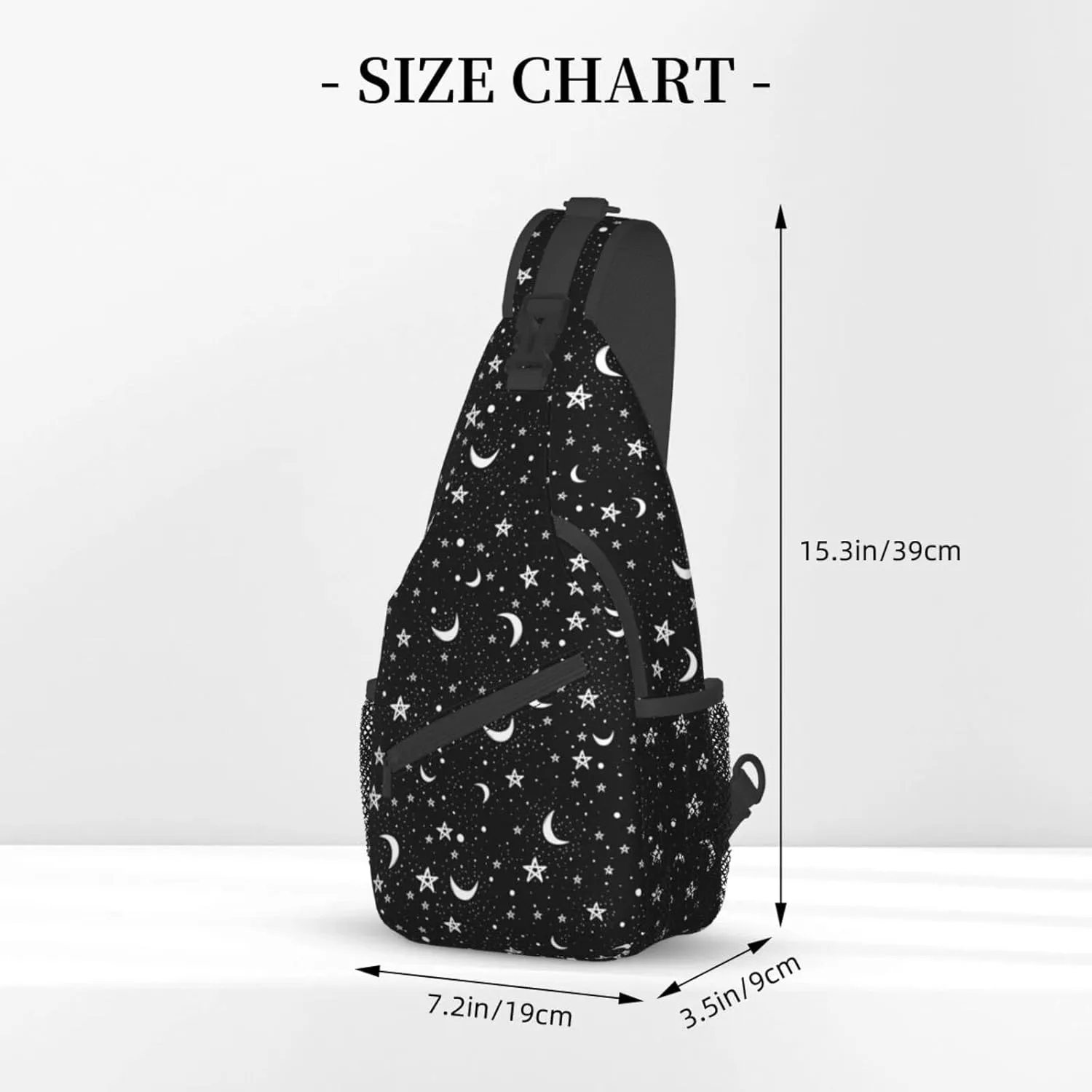 Stars and Moons Sling Bag Crossbody Backpack,Doodle Pattern of Night Sky with White Stars Moons on Black Background Chest Bag Adjustable Shoulder Backpack Travel Hiking Daypack