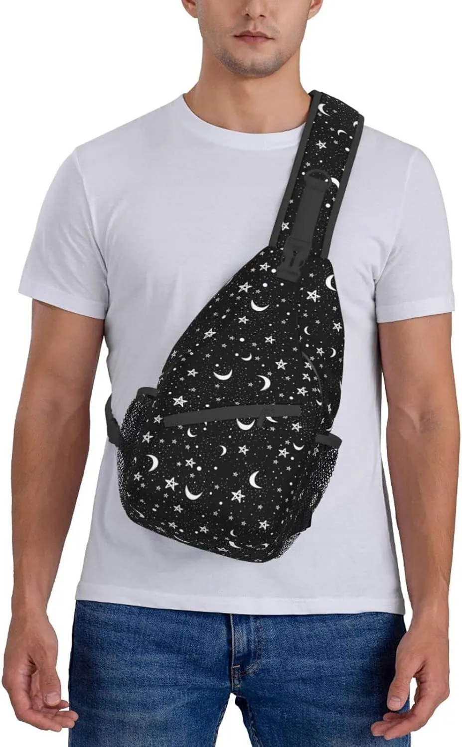 Stars and Moons Sling Bag Crossbody Backpack,Doodle Pattern of Night Sky with White Stars Moons on Black Background Chest Bag Adjustable Shoulder Backpack Travel Hiking Daypack