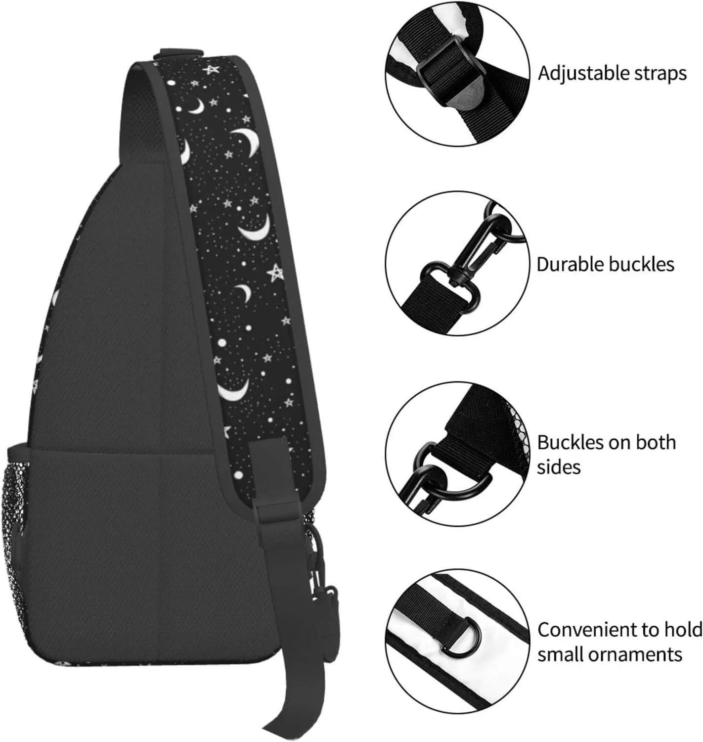 Stars and Moons Sling Bag Crossbody Backpack,Doodle Pattern of Night Sky with White Stars Moons on Black Background Chest Bag Adjustable Shoulder Backpack Travel Hiking Daypack