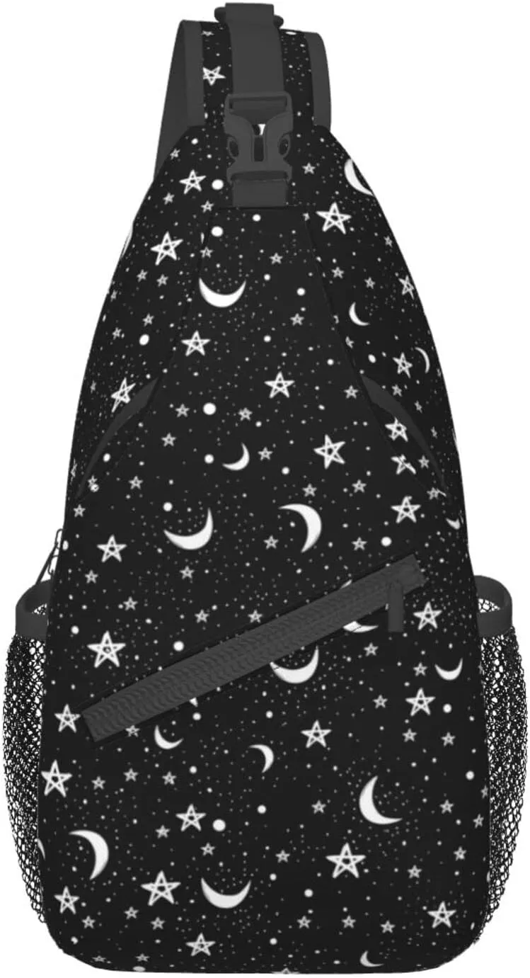 Stars and Moons Sling Bag Crossbody Backpack,Doodle Pattern of Night Sky with White Stars Moons on Black Background Chest Bag Adjustable Shoulder Backpack Travel Hiking Daypack