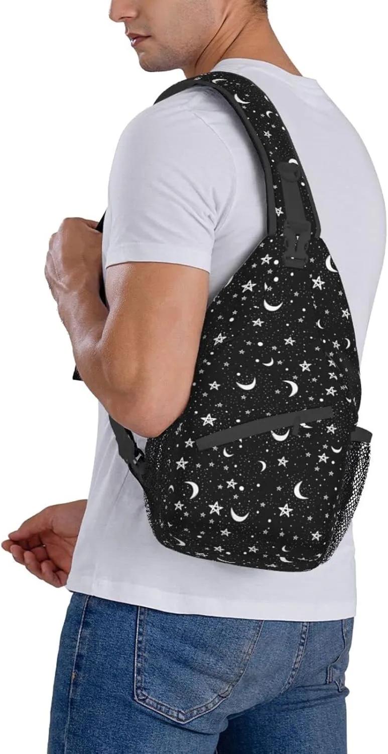 Stars and Moons Sling Bag Crossbody Backpack,Doodle Pattern of Night Sky with White Stars Moons on Black Background Chest Bag Adjustable Shoulder Backpack Travel Hiking Daypack