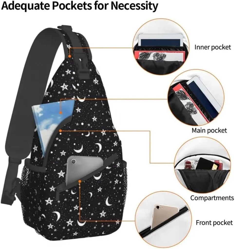 Stars and Moons Sling Bag Crossbody Backpack,Doodle Pattern of Night Sky with White Stars Moons on Black Background Chest Bag Adjustable Shoulder Backpack Travel Hiking Daypack
