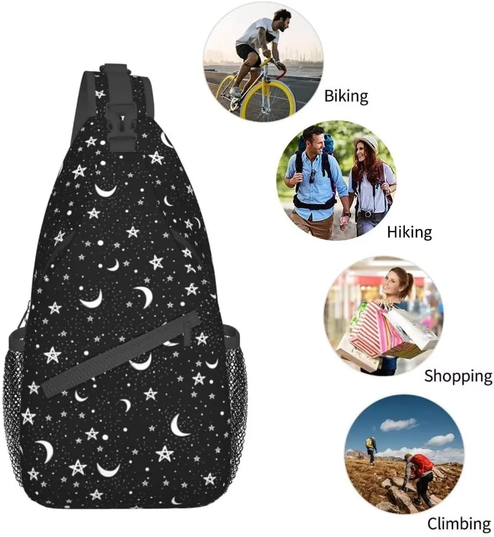 Stars and Moons Sling Bag Crossbody Backpack,Doodle Pattern of Night Sky with White Stars Moons on Black Background Chest Bag Adjustable Shoulder Backpack Travel Hiking Daypack
