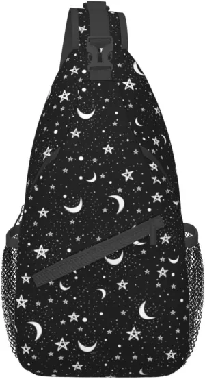 Stars and Moons Sling Bag Crossbody Backpack,Doodle Pattern of Night Sky with White Stars Moons on Black Background Chest Bag Adjustable Shoulder Backpack Travel Hiking Daypack