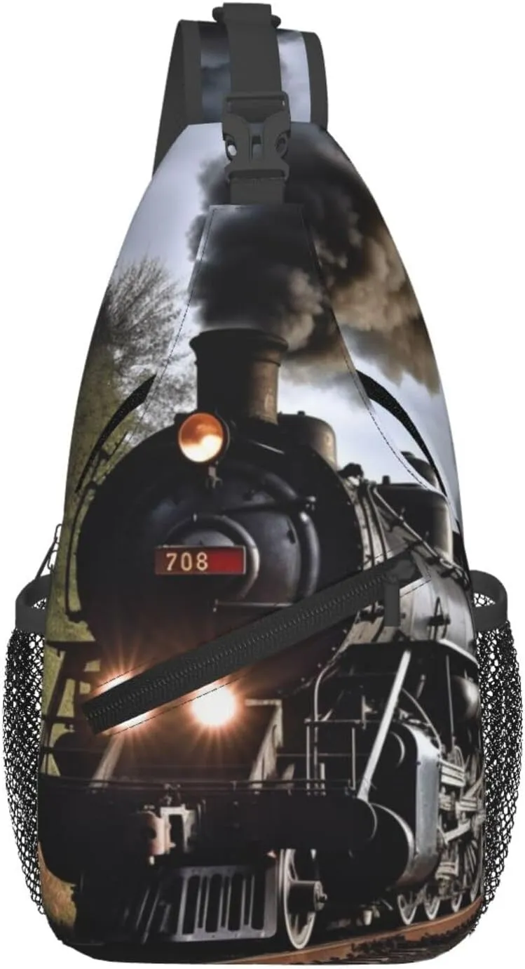 Steam Train Crossbody Bags for Men Women Fashion Sling Backpack Casual Chest Bag Travel Hiking Daypack