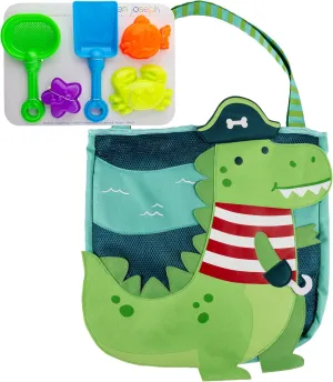 Stephen Joseph, Beach Tote with Sand Toys - Toddler and Baby Beach Toys, Travel Friendly Beach Set, 6 Piece Beach Play Set, Beach Bag with Sand Toys for Toddlers and Kids, Dino Pirate Large