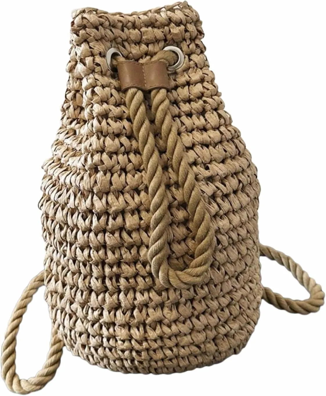 Straw Woven Drawstring Bucket Backpack, Summer Beach Bag, Tan