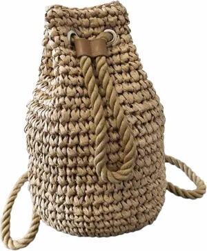 Straw Woven Drawstring Bucket Backpack, Summer Beach Bag, Tan