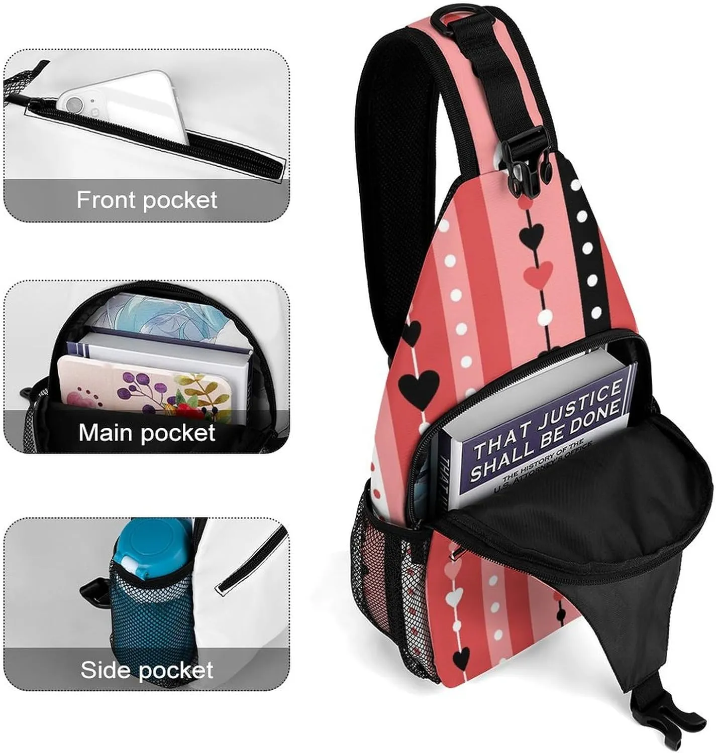 Striped-hearts-beads Sling Bag Crossbody Backpack for Men Women Chest Bag For Travel Hiking Cycling Camping, 38x20cm, Style