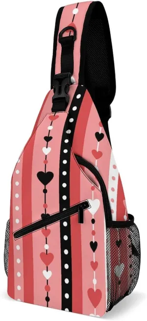 Striped-hearts-beads Sling Bag Crossbody Backpack for Men Women Chest Bag For Travel Hiking Cycling Camping, 38x20cm, Style