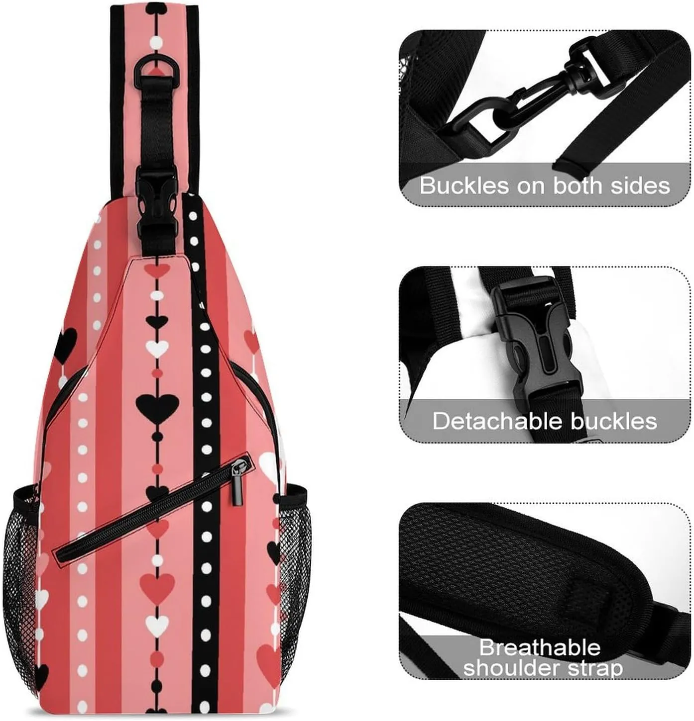 Striped-hearts-beads Sling Bag Crossbody Backpack for Men Women Chest Bag For Travel Hiking Cycling Camping, 38x20cm, Style
