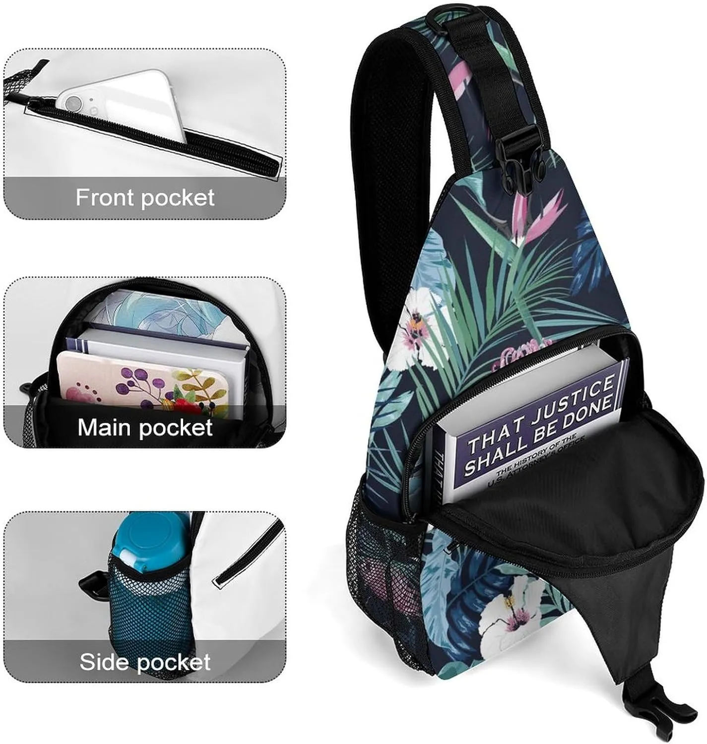 Stylish-dark-tropical-flower Print Sling Bag Crossbody Backpack for Men Women Chest Bag For Travel Hiking Cycling Camping, 38x20cm, Style-1
