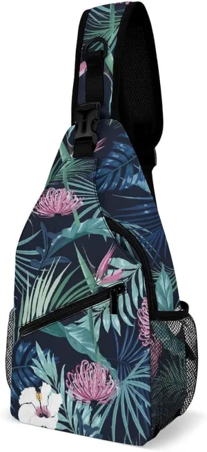Stylish-dark-tropical-flower Print Sling Bag Crossbody Backpack for Men Women Chest Bag For Travel Hiking Cycling Camping, 38x20cm, Style-1