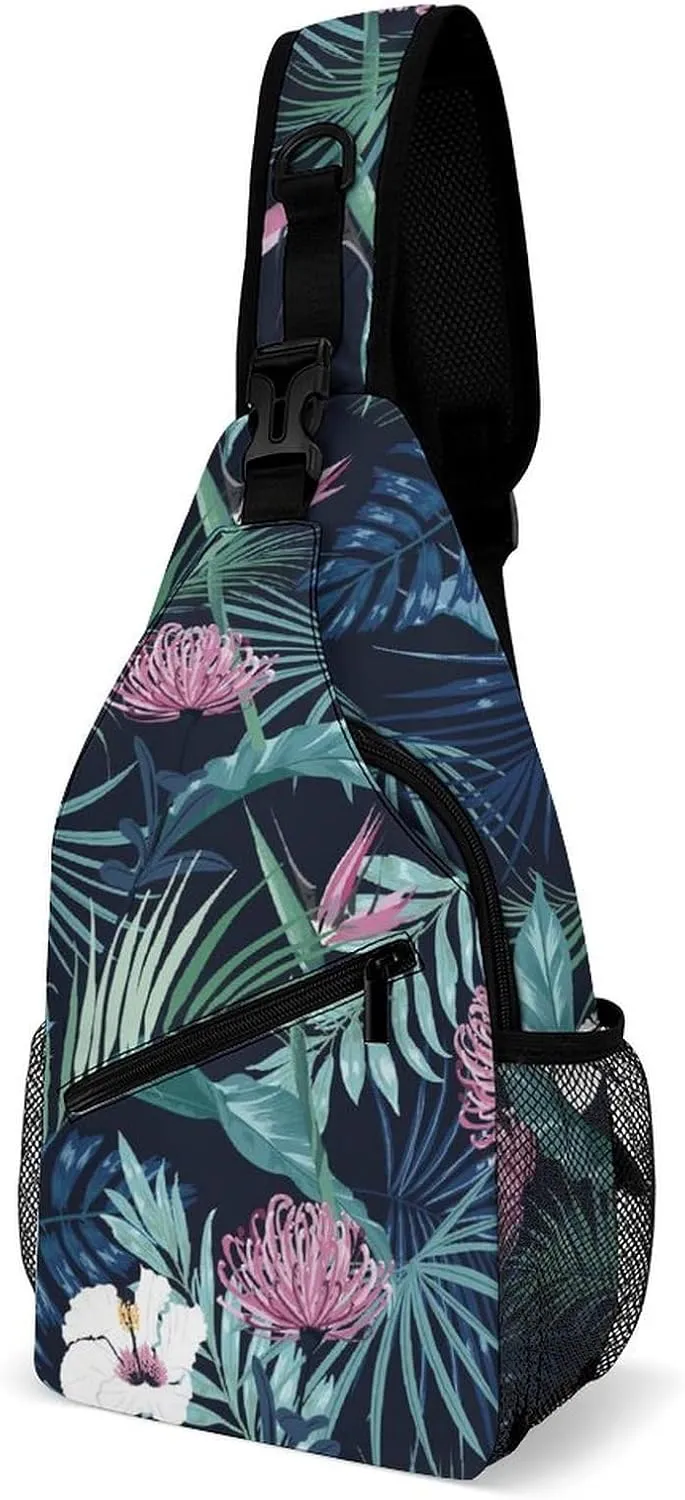 Stylish-dark-tropical-flower Print Sling Bag Crossbody Backpack for Men Women Chest Bag For Travel Hiking Cycling Camping, 38x20cm, Style-1
