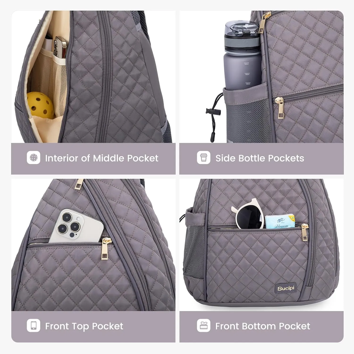 Sucipi Women's Pickleball Backpack - Quilted Crossbody Sling Bag for Tennis & Pickleball Paddle